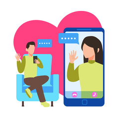 illustration of a couple is video calling each other through phone