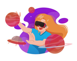 Illustration of a girl using a Virtual Reality Headset equipment to watch the galaxy