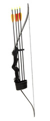 Black bow and plastic arrows on white background. Archery sports equipment