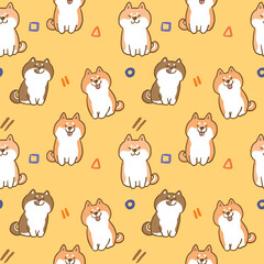 Seamless Pattern with Cute Cartoon Shiba Inu Dog Illustration Design on Yellow Background