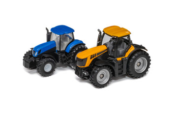 two toy tractors isolated on white background