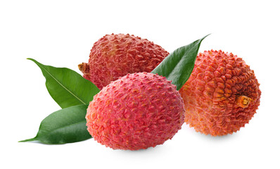 Fresh ripe lychee fruits on white background