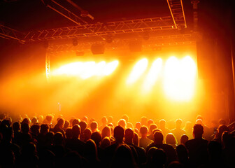 Fototapeta na wymiar Crowd shot during a concert with stage lights and thick smoke