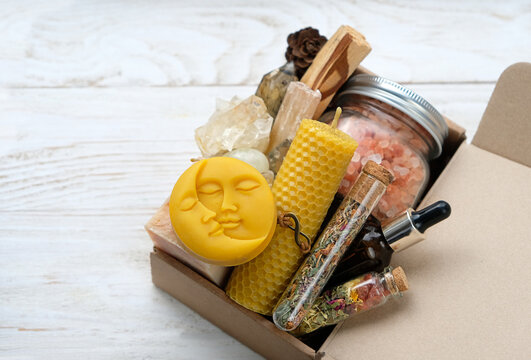 box with wax candles, soap, sea salt, palo santo, spa bottle with herbs and minerals. energy relaxing set for Crystal ritual, spiritual practice. Wiccan Witchcraft. esoteric life balance