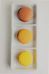 Zenith view, colorful macarons, typical french sweet.