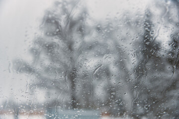 Blurry winter landscape. Through the wet car window, you can see the blurred silhouettes of trees.