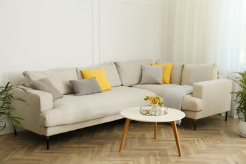 Stylish beige sofa in living room interior