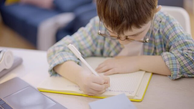 Child in eyeglasses doing homework assignment in notebook, primary school