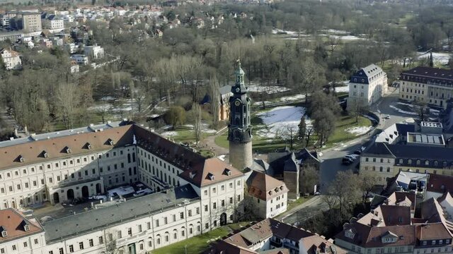 Drone Aerial footage of Weimar on a sunny spring day. Weimer is city in Germany and a former cultural capital of Europe.