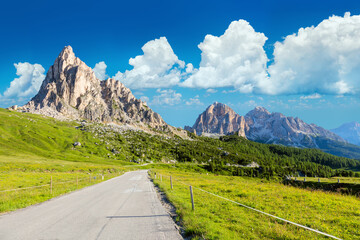  Alpine road in mounts. Panoramic Landscape of Alpen road, Dolomites, Italy