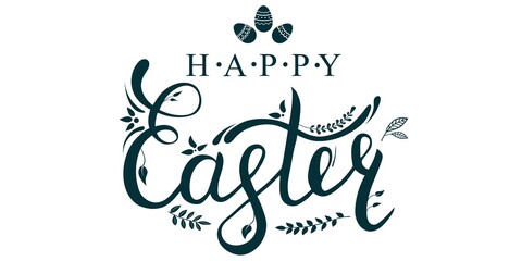 Happy easter greeting card with hand drawn lettering. Rectangular isolated banner on white background