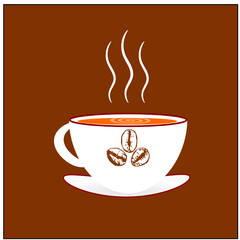 Cup with hot fragrant coffee. Coffee cup with painted coffee beans. Logo, vector.