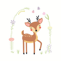 Cute funny deer in floral frame, isolated on white. Hand drawn wild animal, flowers vector illustration. Scandinavian style woodland. Flat design. Concept for kids fashion, textile print, poster, card