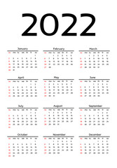 Calendar for 2022 isolated on a white