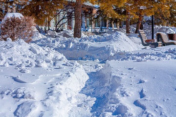 Snow-covered roads and sidewalks in the city center. Snow removal. Soft Focus