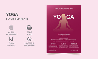 Yoga Flyer Design Layout with Illustrative Elements. Yoga Flyer. Vector ILLUSTRATION. Flyer, booklet, leaflet print design with linear illustrations.