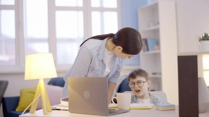 Mother talking to son, refusing to do homework, distance learning, motivation