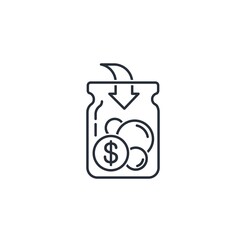 Glass jar, money, arrow. Concept to save money, incentive. Vector icon isolated on white background. 