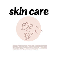 Hand cream emblem with human hands icon concept one touch other concept isolated on white background. Vector line art hand drawn illustration. For brand insignia, banner, advertisement, packaging etc.