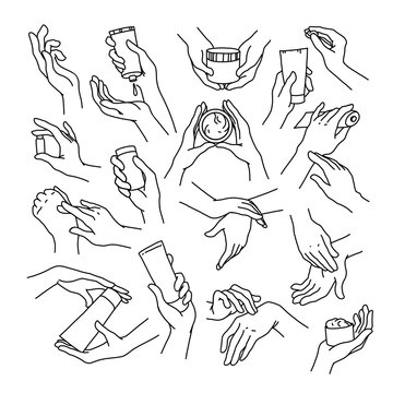 Collection Of Human Hands With Hand Cream, Moistuzier Tube And Can In Different Gestures And Posses Isolated On White Background. Vector Hand Drawn Line Art Illustration. For Banners, Ad, Emblem, Tag