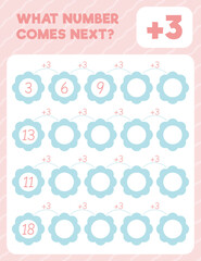 Math worksheet practice print page. What number comes next? Addition. Count and write.