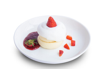 Close-up of Japanese-style pancakes, decorated with plates with fruit faces, strawberries isolated on white background.