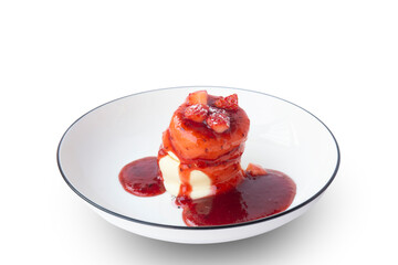 Close-up Japanese style pancake dessert topped with fruit, strawberry isolated on white background.