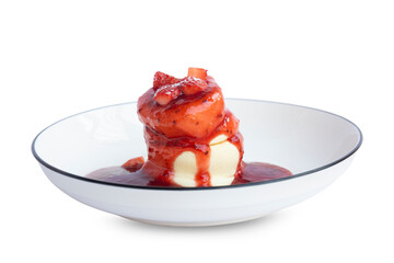 Close-up Japanese style pancake dessert topped with fruit, strawberry isolated on white background.