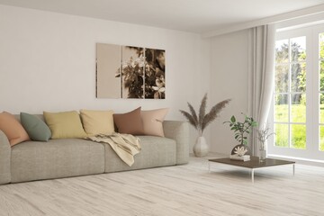 White living room with sofa. Scandinavian interior design. 3D illustration