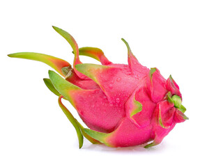 dragon fruit with drops of water on white background.