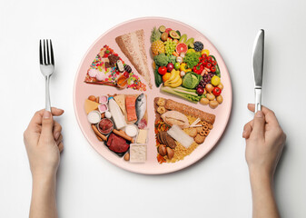Woman holding cutlery near plate with different products on white background, top view. Balanced...