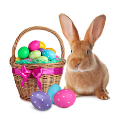 Cute bunny and wicker basket with bright Easter eggs on white background
