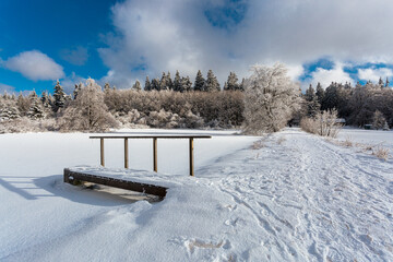 Winterlandschaft mit Wald und Steg 