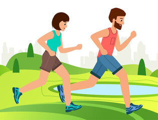 Active people running distance in park, cartoon characters. Healthy lifestyle concept, summer outdoor. Man and woman, sprint race or jogging. Vector illustration in modern flat style.