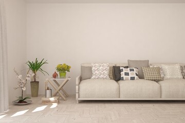 White living room with sofa. Scandinavian interior design. 3D illustration