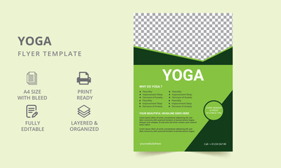 Yoga Flyer Template with Graphic Element. Vector illustration with the white isolated silhouette of a slim woman meditating in the lotus position. Yoga Flyer, booklet, leaflet print design.