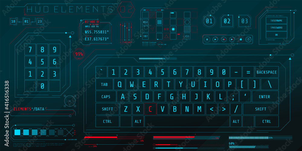 Wall mural a set of hud keyboards elements for a futuristic interface.