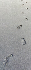 beach, wave and footprints at sunset time