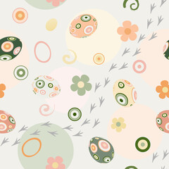Easter seamless pattern with colourful eggs, circles, spirals, traces and flowers. Pastel colors. Vector.