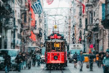 Close up shot of Istanbul tram in winter. Istiklal Street