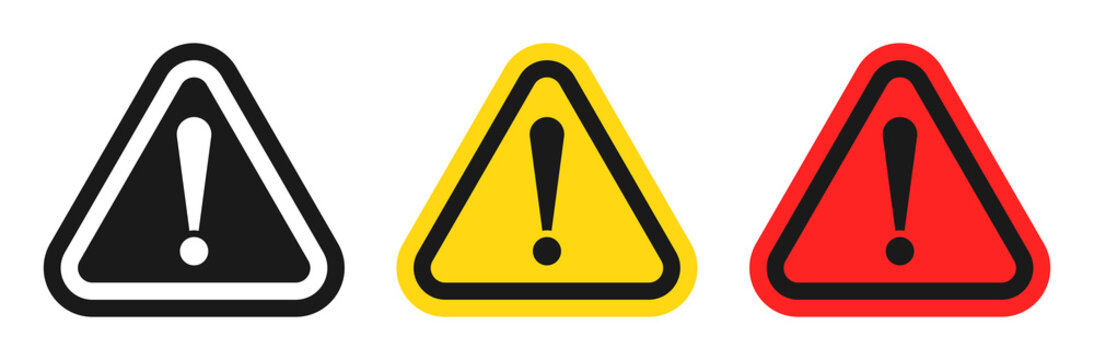 Caution icons set, exclamation mark, warning signs. Isolated attention triangle symbols on white background. Warning alert error concept: black, yellow, red color. Vector to PNG design.