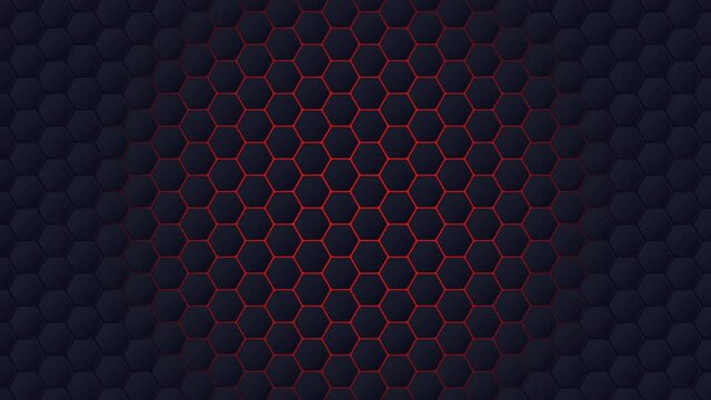 Abstract dark looped video. Geometric неxagon shapes created with gradient backlight. Graphics animation that floats while rotating in a loop background. Seamless floating hexagonal motion graphics.
