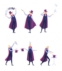 Obraz na płótnie Canvas Circus illusionist set. Cartoon magician man in cape juggling or taking rabbit from top hat isolated on white. Vector illustration for show, festive fair, entertainment for kids concept