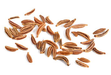 Closeup on Scattered Caraway Seed known as Meridian Fennel and Persian Cumin (Carum Carvi). Isolated on White.