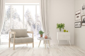 White room with armchair and winter landscape in window. Scandinavian interior design. 3D illustration