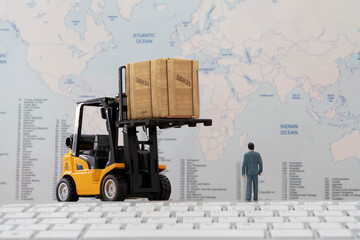 Logistic Concept. Manager work with Forklift truck handing cargo shipping container box with worldmap background use as online tracking technology of worldwide logistic, shipping, import and export.