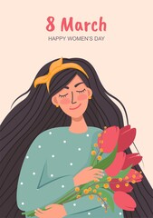 postcard concept for international womens day on march 8 background with dreaming cute woman with bouquet of flowers, red tulips and mimosa. congratulations on the spring holiday