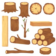 Naklejka premium Variety of wood logs and trunks flat pictures set for web design. Cartoon wooden lumbers, planks and branches isolated vector illustration collection. Forestry construction materials concept