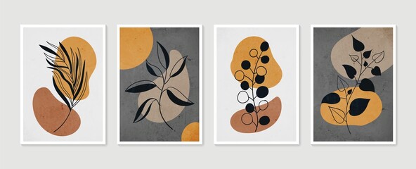 Sammlung zeitgenössischer Kunstplakate. Botanischer Wandkunst-Vektorsatz. Minimale und natürliche Wandkunst. Abstraktes Pflanzenkunstdesign für Druck, Tapete, Cover. Moderne Vektorillustration. © shendart