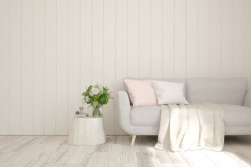 White living room with sofa. Scandinavian interior design. 3D illustration